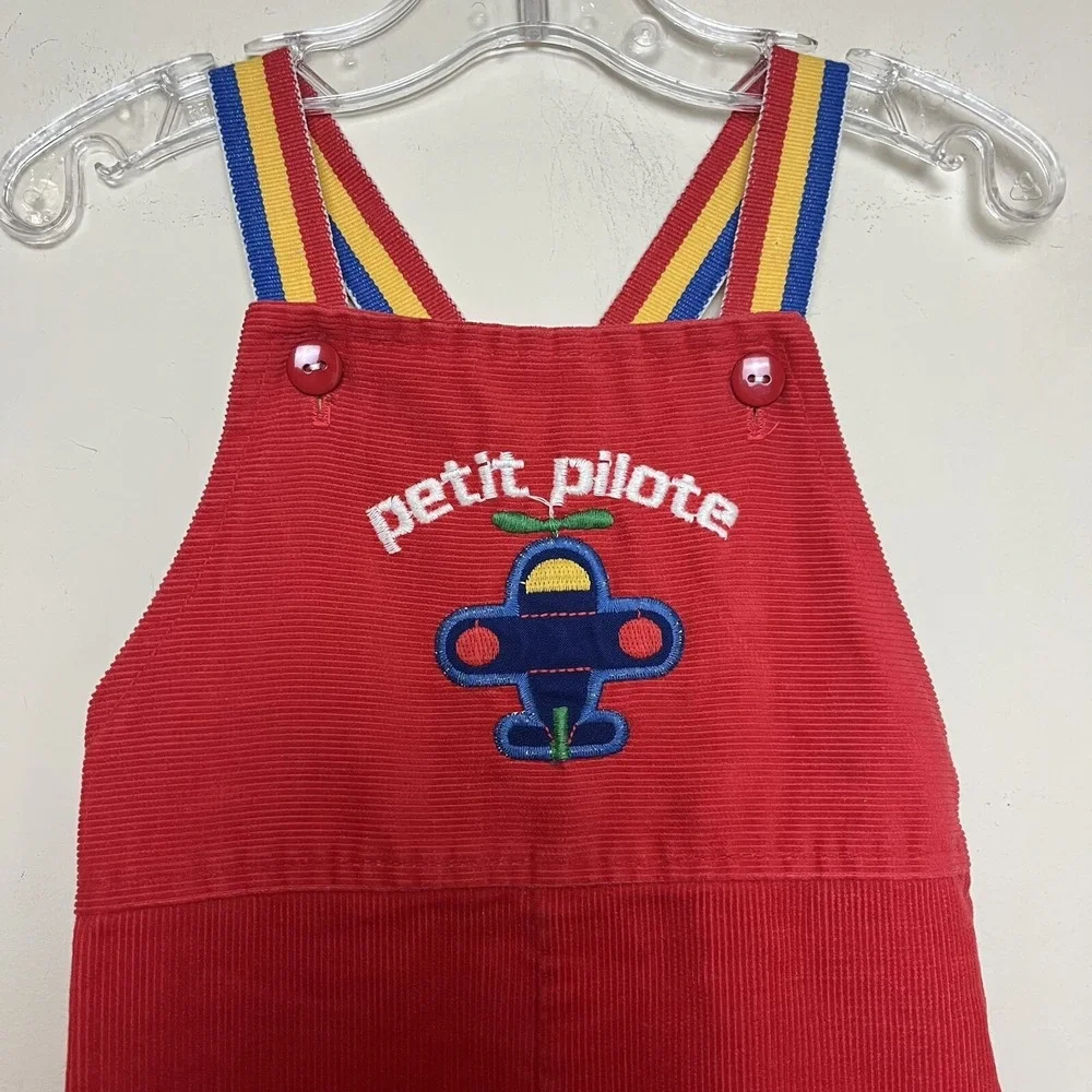 Vintage Health-Tex Airplane Toddler Corduroy Red Overalls Petit‎ Pilot 24 Months